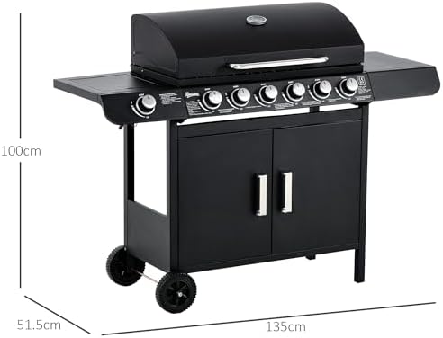 Gas BBQ Grill with 6 Main Burners and 1 Side Burner, Outdoor Barbecue Trolley, Warming Rack, Side Shelves, Storage Cabinet, Thermometer, Black